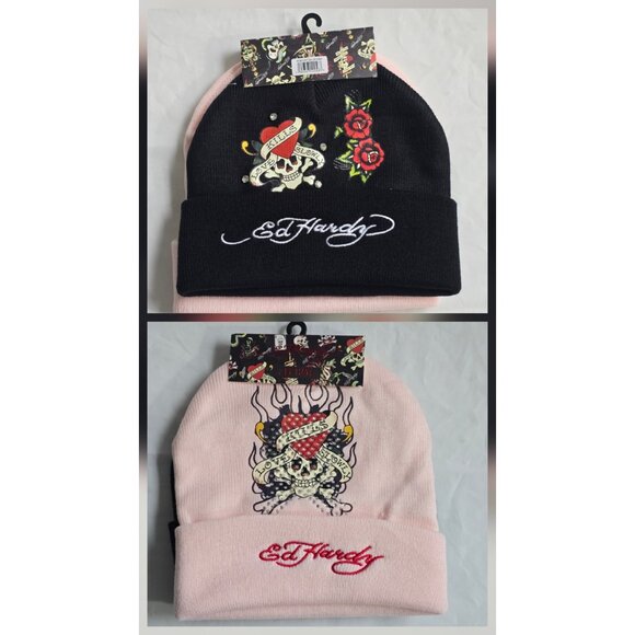 Ed Hardy Accessories - Ed Hardy Set of 2 Women Beanie Hats One Size Skull Flower Sequins Pink Black NEW